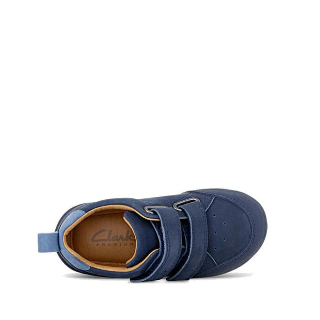 A top view of the Clarks Toddlers Melvin Leather Sneaker Shoe in navy (D narrow width) features two self-fastening straps, padded collar, tan lining, and "Clarks PREMIUM" on the insole. Displayed on a white background., 36283, 9336078978462, 9336078978486, 9336078978509, 36287