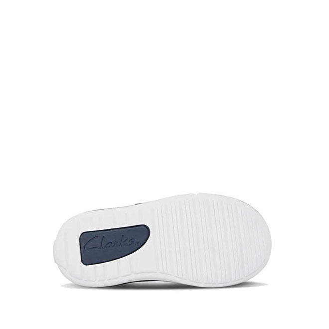 The image displays the sole of the Clarks Toddlers Melvin Leather Sneaker Shoe in navy (D narrow width), featuring a textured white sole with a dark blue oval bearing the Clarks logo, shown sole-up against a plain white background., 36283, 9336078978462, 9336078978486, 9336078978509, 36287