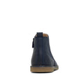 Clarks Kids Chelsea II Youths Leather Boot in navy leather, shown from the back with a brown sole, visible stitching, and a heel pull tab. Made from genuine leather and displayed on a white background., 9336078964427, 9336078964434, 9336078964441, 9336078964458, 9336078964465, 9336078964472, 9336078964489, 9336078964496, 9336078964502, 9336078964519, 44021, 44022