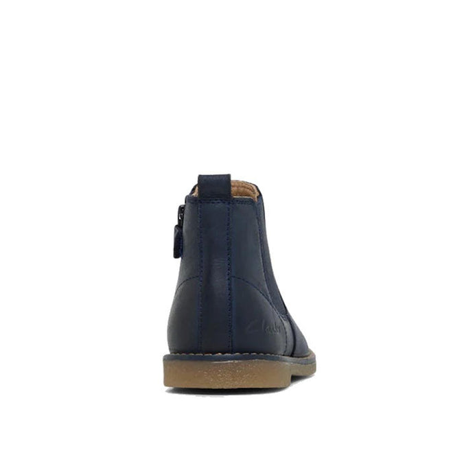 Clarks Kids Chelsea II Youths Leather Boot in navy leather, shown from the back with a brown sole, visible stitching, and a heel pull tab. Made from genuine leather and displayed on a white background., 9336078964427, 9336078964434, 9336078964441, 9336078964458, 9336078964465, 9336078964472, 9336078964489, 9336078964496, 9336078964502, 9336078964519, 44021, 44022