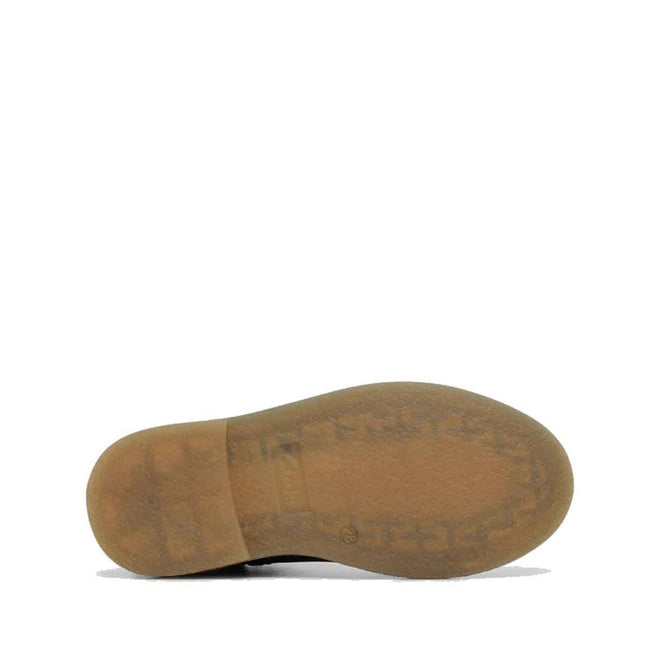 A single Clarks Kids Chelsea II Youths Leather Boot in navy leather is displayed on its side, showcasing the brown, textured rubber sole with a visible Puddle Proof tread pattern against a white background., 9336078964427, 9336078964434, 9336078964441, 9336078964458, 9336078964465, 9336078964472, 9336078964489, 9336078964496, 9336078964502, 9336078964519, 44021, 44022