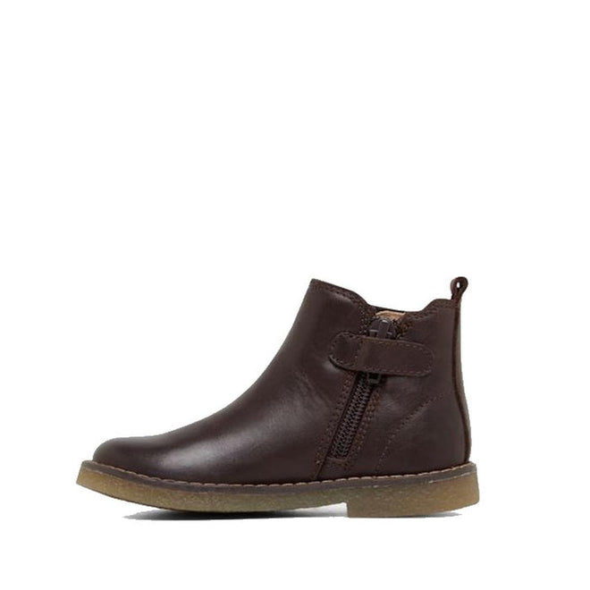 The Clarks Chelsea II Jnr Toddlers Leather Boot in dark brown features ankle-high genuine leather, a side zipper, pull tab at the heel, and a flat light brown rubber sole. Displayed on a white background., 9336078965349, 9336078965356, 9336078965363, 9336078965370