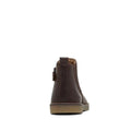 The Clarks Chelsea II Jnr Toddlers Leather Boot in Dark Brown is shown from the back, displaying its flat rubber sole and rear pull tab, crafted from genuine leather against a plain white background., 9336078965349, 9336078965356, 9336078965363, 9336078965370