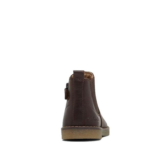 The Clarks Chelsea II Jnr Toddlers Leather Boot in Dark Brown is shown from the back, displaying its flat rubber sole and rear pull tab, crafted from genuine leather against a plain white background., 9336078965349, 9336078965356, 9336078965363, 9336078965370