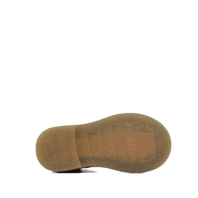 The image displays the underside of the Clarks Chelsea II Jnr Toddlers Leather Boot in dark brown, featuring a flat, textured light brown rubber sole, with the heel on the left and toe on the right against a plain white background., 9336078965349, 9336078965356, 9336078965363, 9336078965370