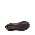 Top view of the Clarks Chelsea II Jnr Toddlers Leather Boot in dark brown genuine leather, featuring a rounded toe, visible stitching around the sole, and the Clarks brand printed on the insole near the heel., 9336078965349, 9336078965356, 9336078965363, 9336078965370