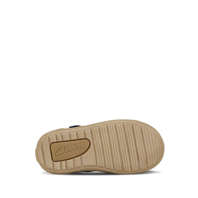 A beige rubber sole with horizontal grooves and the Clarks logo near the heel, designed for the Clarks Toddlers Maddison Leather Mary Jane Shoe in navy (D narrow width), shown on a plain white background., 9336078974280, 9336078974303, 9336078974327, 9336078974341, 9336078974365