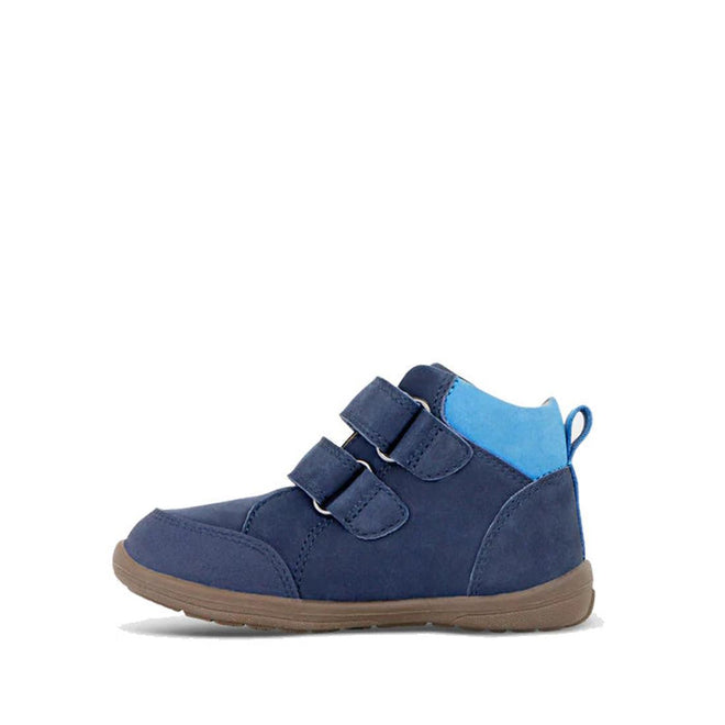 The Clarks Kids Max Leather Boot Navy is shown in profile on a white background, featuring navy blue leather, two self-fastening straps, a light blue ankle accent, and a brown rubber sole., 36311, 9336078984241, 9336078984265, 9336078984289, 9336078984302, 9336078984326, 36317, 36318