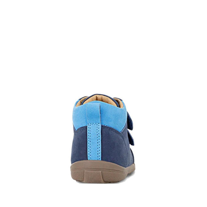 The Clarks Kids Max Leather Boot Navy features dark and light blue panels, a tan inner lining, brown rubber sole, and self-fastening straps for comfortable toddler wear—shown from the back view., 36311, 9336078984241, 9336078984265, 9336078984289, 9336078984302, 9336078984326, 36317, 36318