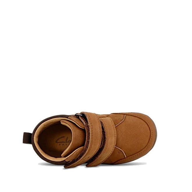 The Clarks Kids Max Leather Boot Tan is a brown toddler shoe with two Velcro straps, a rounded toe, cushioned heel, comfortable interior, and visible stitching along the edges, viewed from above., 36319, 9336078984753, 9336078984777, 9336078984791, 9336078984814, 36324, 36325, 36326