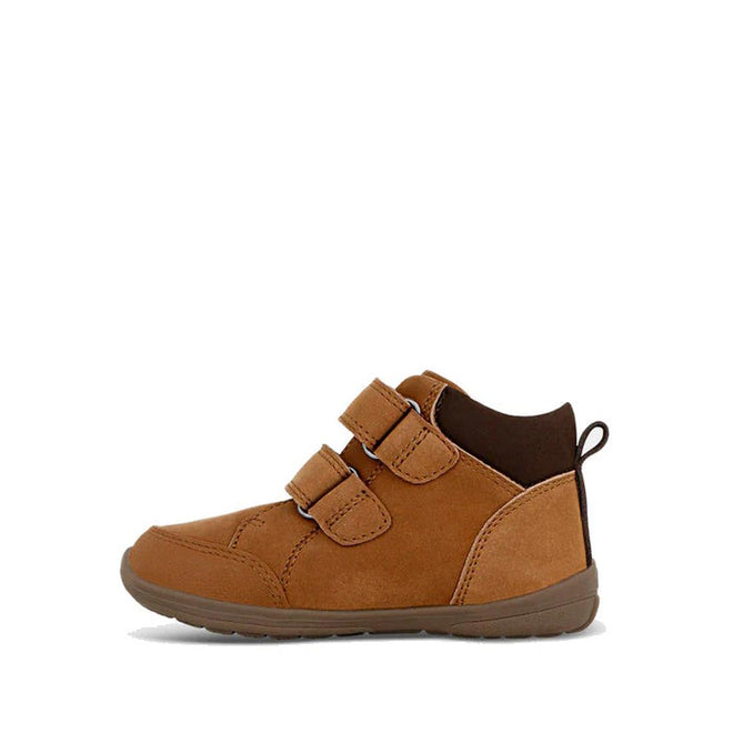 The Clarks Kids Max Leather Boot Tan is a brown leather ankle boot for children with two Velcro straps, a dark brown padded heel, and a flexible rubber sole, shown in side profile on a white background., 36319, 9336078984753, 9336078984777, 9336078984791, 9336078984814, 36324, 36325, 36326