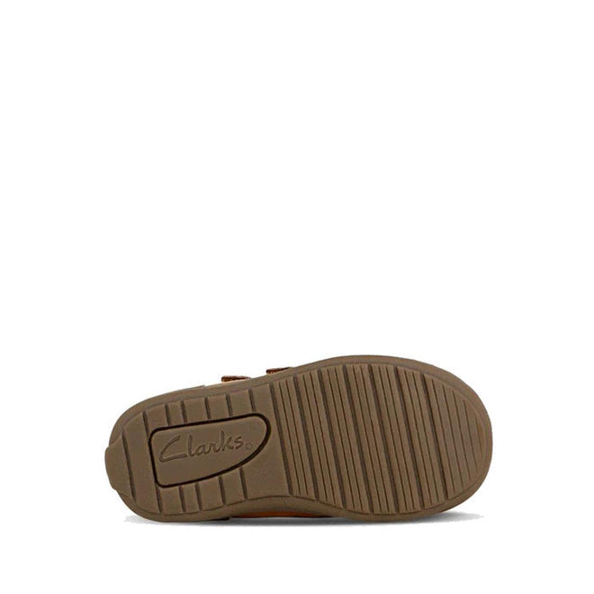 The image shows the bottom view of a Clarks Kids Max Leather Boot Tan with a textured rubber sole, the Clarks logo embossed on the left side, and horizontal grooves for traction—ideal for comfortable toddler footwear., 36319, 9336078984753, 9336078984777, 9336078984791, 9336078984814, 36324, 36325, 36326