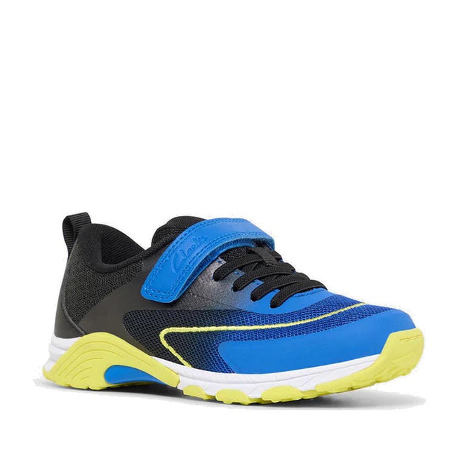 The Clarks North Boys Trainer in black and blue features a yellow sole and accents, black laces, a Velcro strap, and a scuff-resistant toe cap. Shown on a white background. Available in UK Child 10 to UK Youth 6 sizes.