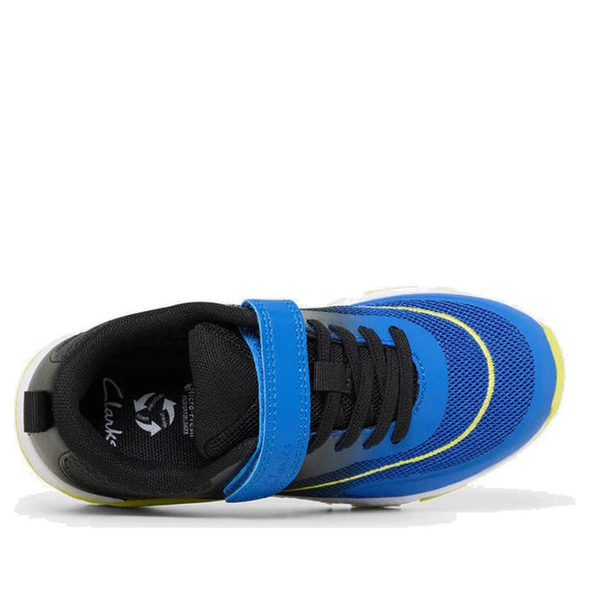Top down view of right foot of clarks kids North trainer in blue and blue. showing elastic lace and velcro strap across the top of the shoe. 9336078305466,
9336078305480,
9336078305503,
9336078305527,
9336078305541,
9336078305565,
9336078305589,
9336078305602,
9336078305626,
9336078305640, 42213, 9336078305466, 9336078305480, 9336078305503, 9336078305527, 9336078305541, 9336078305565, 9336078305589, 9336078305602, 9336078305626, 9336078305640