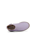 A top view of the Clarks Kids Chelsea II Youths Leather Boot in lilac shows a single genuine leather Chelsea boot with a side zipper, tan stitched sole, branded Clarks insole, and a white background., 9336078964304, 9336078964311, 9336078964328, 9336078964335, 9336078964342, 9336078964359, 9336078964366, 9336078964373, 9336078964380, 9336078964397, 9336078964403, 9336078964410