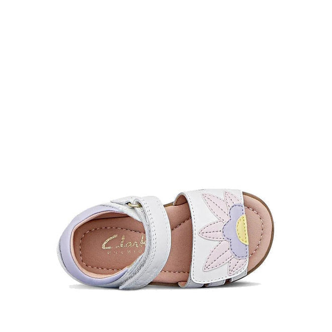 The Clarks Saskia White Toddlers Leather Sandal features an adjustable white strap, pastel purple and yellow flower detail on the front, and a pink cushioned insole for comfort. E average width ensures a great fit for kids., 40560, 40561, 9336078240422, 9336078240460, 9336078240507