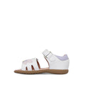The Clarks Saskia White Toddlers Leather Sandal (E average width) features a closed heel, open toe, pink butterfly design, brown rubber sole, and adjustable strap—ideal comfort for kids. Shown on a plain white background., 40560, 40561, 9336078240422, 9336078240460, 9336078240507