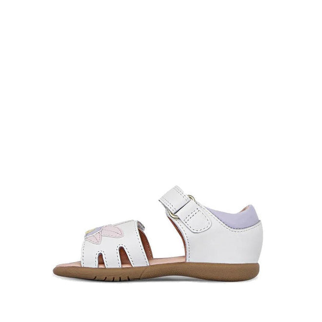 The Clarks Saskia White Toddlers Leather Sandal (E average width) features a closed heel, open toe, pink butterfly design, brown rubber sole, and adjustable strap—ideal comfort for kids. Shown on a plain white background., 40560, 40561, 9336078240422, 9336078240460, 9336078240507