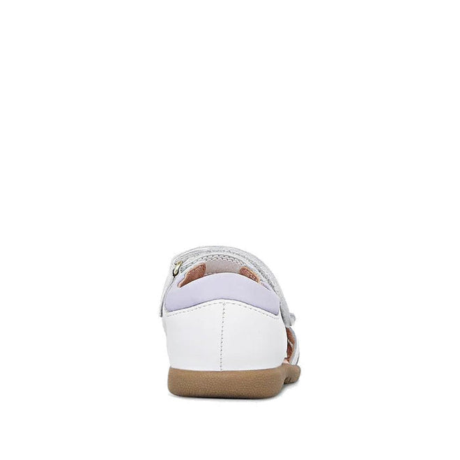 The Clarks Saskia White Toddlers Leather Sandal E Average Width is shown from the back, with a closed heel, tan rubber sole, side cutouts, and an adjustable strap—comfortable kids sandals in white and light gray on a plain white background., 40560, 40561, 9336078240422, 9336078240460, 9336078240507