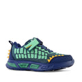 Children's crocodile-themed light up sneaker with blue and green color scheme on a white background
