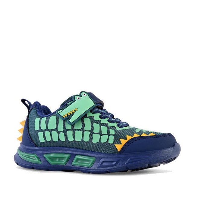 Children's crocodile-themed light up sneaker with blue and green color scheme on a white background