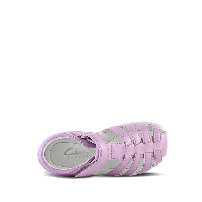 A single Clarks Shelly Lilac Toddlers Leather Closed Toe Sandal, shown from above, features lavender woven leather straps in a caged design and a gray insole stamped with the Clarks Premium logo., 9336078577535, 9336078577573, 9336078577610, 9336078577658, 9336078577696