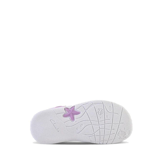The image shows the white sole of the Clarks Shelly Lilac Toddlers Leather Closed Toe Sandal, featuring a pink star-shaped accent and playful patterns, viewed from the bottom against a plain white background., 9336078577535, 9336078577573, 9336078577610, 9336078577658, 9336078577696