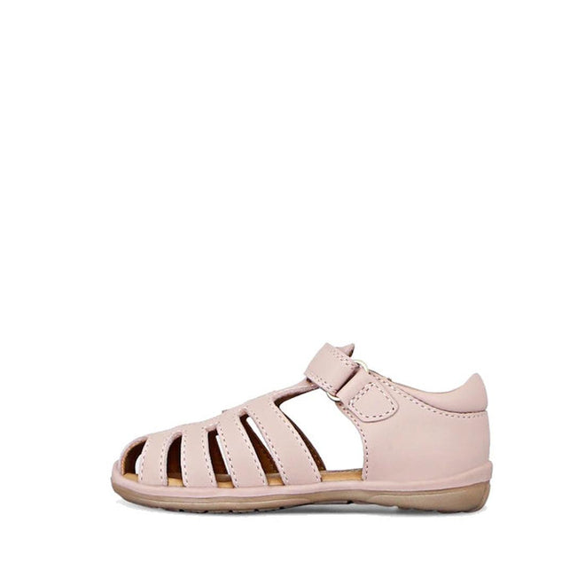 The Clarks Melody Rose Pink Lilac Toddlers Leather Closed Toe Sandal features a caged design with cutouts, closed heel, and ankle hook-and-loop strap—comfortable and stylish kids' sandals shown in light pink against a white background., 9336078228765, 9336078228802, 9336078228840, 9336078228888, 9336078228925, 9336078228963, 9336078229007, 9336078229045