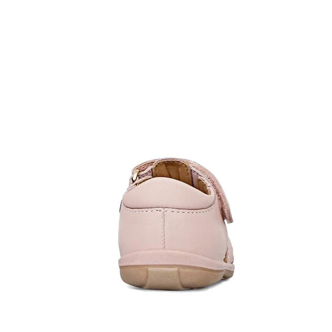 The Clarks Melody Rose Pink Lilac Toddlers Leather Closed Toe Sandal is shown from the back with a pink strap, beige sole, and light pink leather. This comfy kids' sandal is displayed on a plain white background., 9336078228765, 9336078228802, 9336078228840, 9336078228888, 9336078228925, 9336078228963, 9336078229007, 9336078229045
