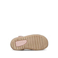 The image shows the beige rubber sole of the Clarks Melody Rose Pink Lilac Toddlers Leather Closed Toe Sandal, viewed from below. The sole has horizontal grooves for traction and a pink oval center with the Clarks logo embossed., 9336078228765, 9336078228802, 9336078228840, 9336078228888, 9336078228925, 9336078228963, 9336078229007, 9336078229045