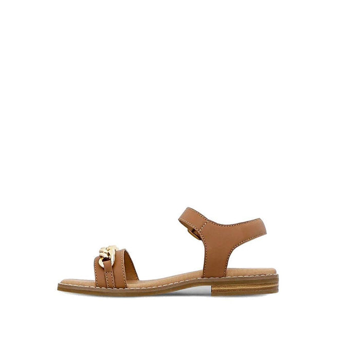 The Clarks Girls Amy Tan Leather Sandal Special Occasion features an adjustable ankle strap, low wooden heel, white stitching, and a gold chain detail on the front strap, shown against a plain white background., 40498, 40499, 40500, 40501, 40502, 40503, 9336078207838, 9336078207852, 9336078207876, 9336078207890, 9336078207913, 9336078207937, 9336078207951, 9336078207975, 9336078207999, 9336078208019, 40514, 40515