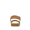 A back view of the Clarks Girls Amy Tan Leather Sandal Special Occasion, featuring a flat sole, adjustable ankle strap, and chic gold chain detail across the middle strap, shown on a white background., 40498, 40499, 40500, 40501, 40502, 40503, 9336078207838, 9336078207852, 9336078207876, 9336078207890, 9336078207913, 9336078207937, 9336078207951, 9336078207975, 9336078207999, 9336078208019, 40514, 40515