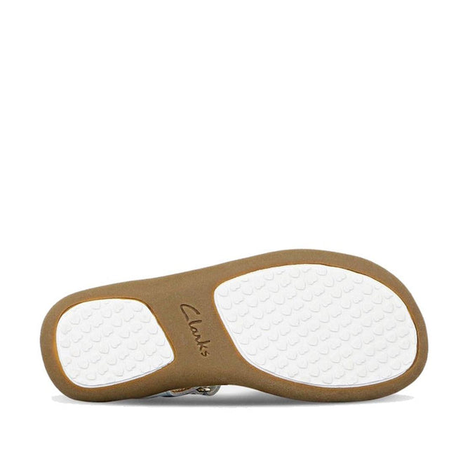 The image shows the sole of the Clarks Girls Pippa White Leather Sandals (E width), with a brown edge, textured white bottom, and "Clarks" near the heel. The sandal features an adjustable fit for enhanced comfort., 9336078233325, 9336078233349, 9336078233363, 9336078233387, 9336078233400, 9336078233424, 39947, 39948, 9336078233066, 9336078233080, 9336078233103, 9336078233127, 9336078233141, 9336078233165, 39939, 39940
