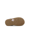 The image shows the sole of the Clarks Saskia White Toddlers Leather Sandal (E width). The brown rubber sole features a pink star, wave-like patterns, a small fish design, and the Clarks logo. These sandals have an adjustable strap for comfort and fit., 40555, 40556, 9336078240163, 9336078240200, 9336078240248, 40560, 40561, 9336078240422, 9336078240460, 9336078240507