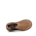 Top view of Clarks Chelsea II Jnr Tan Toddlers Leather Boot in tan leather with visible sole stitching and side zipper, Clarks-branded insole, and Puddle Proof technology. Displayed on a white background., 9336078263193, 9336078263216, 9336078263230, 9336078263254, 9336078263278