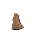 The Clarks Chelsea II Jnr Tan Toddlers Leather Boot features tan leather, a flat rubber sole, visible stitching, pull tab, elastic side panel, and Clarks logo at the heel. Shown from the rear on a white background. Puddle Proof design for everyday wear., 9336078263193, 9336078263216, 9336078263230, 9336078263254, 9336078263278