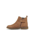The Clarks Chelsea II Jnr Tan Toddlers Leather Boot is shown in profile on a white background, featuring a side zipper, hook-and-loop strap, visible stitching, flat sole, pull tab at the heel, and puddle proof leather to keep feet dry., 9336078263193, 9336078263216, 9336078263230, 9336078263254, 9336078263278