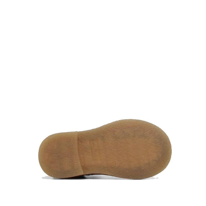 The sole of the Clarks Chelsea II Jnr Tan Toddlers Leather Boot is shown from below on a white background, displaying its textured, rounded, puddle-proof design., 9336078263193, 9336078263216, 9336078263230, 9336078263254, 9336078263278