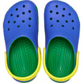 A pair of Crocs Kids - Youths Retro Sport Classic Clog K Blue Bolt Green Yellow Sandals, viewed from above, featuring bold color blocking and top ventilation holes., 198445214431, 198445214448, 198445214455, 198445214462, 198445214479, 198445214486, 198445214509, 198445214493, 48911