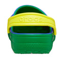 A close-up rear view of Crocs Kids Youths Retro Sport Classic Clog Sandals in blue, green, and yellow, featuring a bright color block design and a yellow heel strap embossed with “CROCS.”., 198445214431, 198445214448, 198445214455, 198445214462, 198445214479, 198445214486, 198445214509, 198445214493, 48911