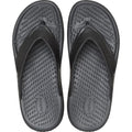 A pair of Crocs - Mens In Motion Flip Flop Jandal in black and grey, viewed from above. They feature textured straps and LiteRide foam footbeds for comfort, labeled LiteRide., 48783, 198445177620, 198445177637, 198445177576, 198445177583, 198445177590, 48789, 48790, 48791, 48792