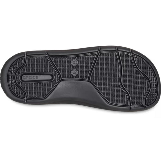 The image displays the black rubber sole of the Crocs - Mens In Motion Flip Flop Jandal Black Grey, featuring a textured tread pattern and an embossed Crocs logo on one side., 48783, 198445177620, 198445177637, 198445177576, 198445177583, 198445177590, 48789, 48790, 48791, 48792