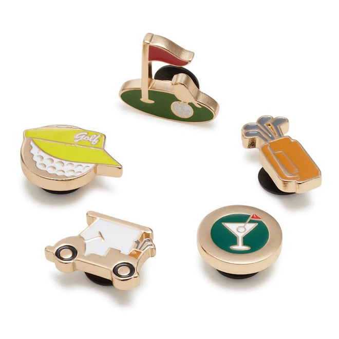 The Crocs Jibbitz 5 Pack - 19th Hole Golf Charms features five golf-themed pins: a flag, ball with “Golf” hat, club bag, cart, and martini glass. Perfect for golf fans to collect or use as push-in charms for Crocs., 196265282883