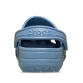 A rear view of a single Crocs Classic Clog Astro Blue Adults Unisex shoe with the heel strap raised, displaying the Crocs logo on the strap., 53294, 198445438936, 198445438943, 198445438950, 198445438967, 198445438974, 198445438820, 53301, 53302
