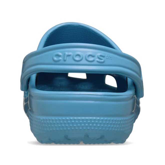 Rear view of a single Crocs Kids - Classic Clog Elite Blue in Junior Youths sizes, with the heel strap raised. The Crocs logo appears on the strap, and the textured, water-friendly sole is visible at the bottom., 198445398209, 198445398216, 198445398223, 198445398230, 198445398247, 198445398254, 198445398261, 53310, 53311