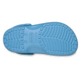 The image displays the sole of a Crocs Kids - Classic Clog Elite Blue (Junior Youths Sizes) shoe, featuring textured treads and an embossed Crocs logo in the center. These water-friendly clogs are designed for comfort and easy wear., 198445398209, 198445398216, 198445398223, 198445398230, 198445398247, 198445398254, 198445398261, 53310, 53311