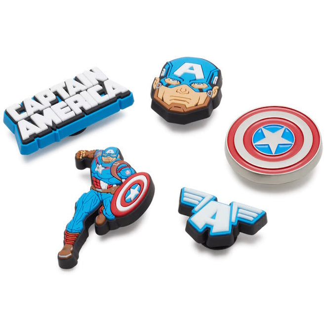 The Crocs Jibbitz 5 Pack - Captain America includes five charms: his shield, face, iconic logo, a flying A with wings, and a full-body Captain America holding his shield., 196265702695