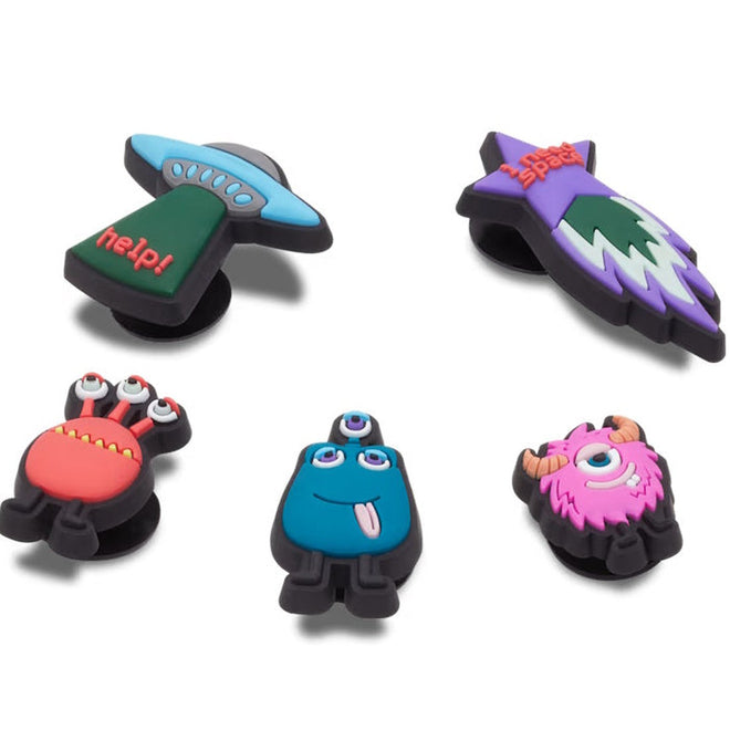 The Crocs Jibbitz 5 Pack - Space Cadet features five colorful, space-inspired shoe charms, including a UFO, a purple rocket, and quirky monsters. Each charm is displayed on a white background., 196265848003