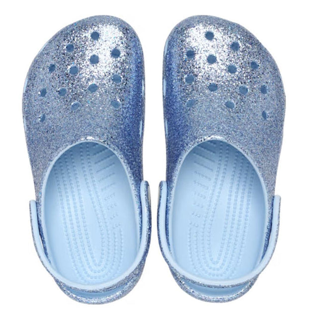 Crocs Kids - Classic Chunky Glitter Clogs: light blue kids shoes with a sparkly glitter finish and top ventilation holes, shown from above., 198445287688, 198445287695, 198445287701, 198445287718, 198445287725, 198445287732, 198445287749, 49151