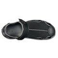 Top view of the Crocs - Mens Swiftwater Mesh Deck LiteRide Sandal Black, featuring a closed toe, mesh upper, Velcro strap, and side ventilation holes—ideal water-friendly sandals for any adventure., 50133, 50134, 50135, 50136, 50137, 50138, 50139, 50133, 50134, 191448223226, 191448223165, 191448223172, 191448223189, 50139